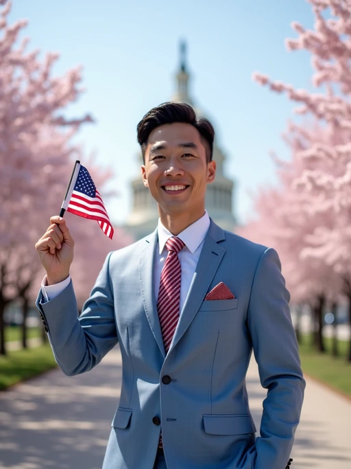 model in Washington DC during cherry blossom season, wearing if(gender=f){a flowing white dress with bold red and blue star accessories} if(gender=m){a light blue suit with a stars and stripes tie}, holding a small American flag, the Washington Monument and Capitol building creating a picturesque patriotic backdrop