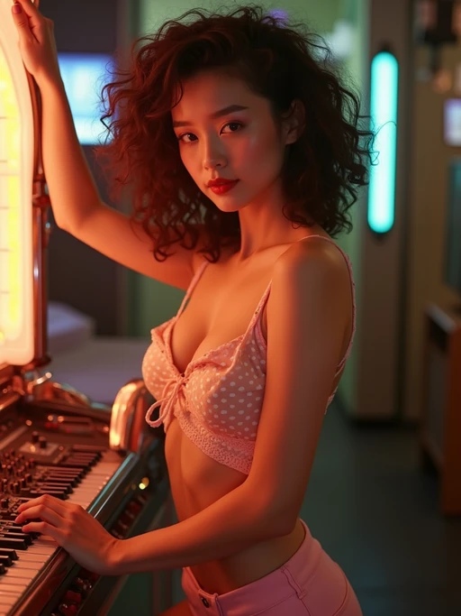 model with retro curls, cherry lips, and a teasing smile, in if(gender=f){unbuttoned polka-dot top tied above the chest and ultra short shorts} if(gender=m){open leather jacket, no shirt}, leaning suggestively on a jukebox