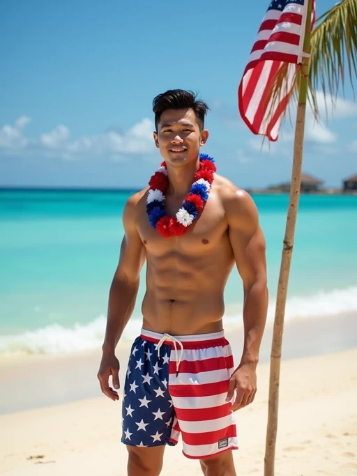 model on a beautiful beach in Hawaii, wearing if(gender=f){a stars and stripes bikini with sequins} if(gender=m){American flag swim trunks and a patriotic tank top}, with a lei of red, white and blue flowers around if(gender=f){her} if(gender=m){his} neck, American flag planted proudly in the sand, crystal blue waters in the background