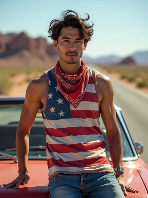 model on a classic American road trip, leaning against a vintage convertible on Route 66, wearing if(gender=f){American flag shorts and a tied-up stars and stripes shirt} if(gender=m){jeans and a bold American flag tank top}, American flag bandana, desert landscape stretching behind, embodying freedom and American adventure