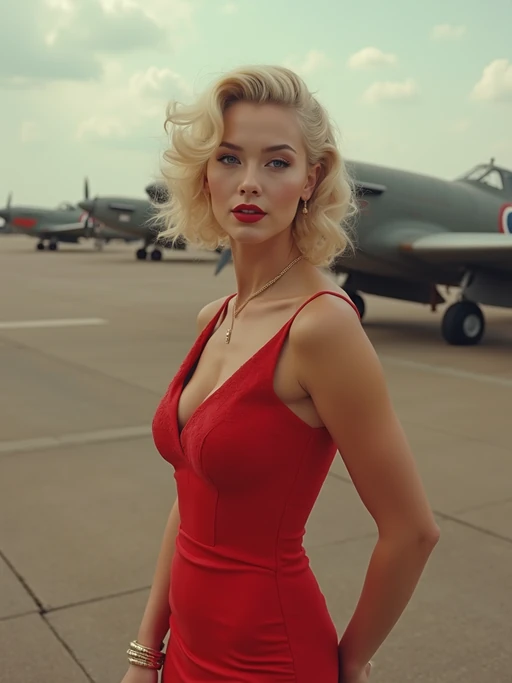 1950s pin-up model, wearing a tight red corset dress and high heels, blonde retro curls, playful seductive expression, vintage style. the scene is a 1950 military airbase with military planes