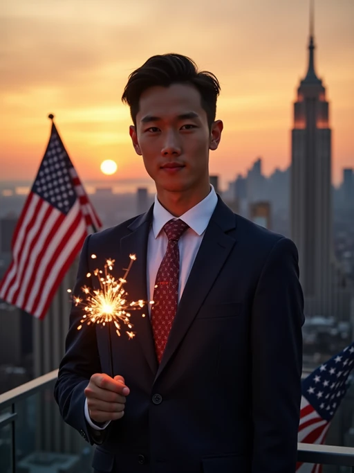 model on a New York City rooftop at sunset, Manhattan skyline in the background, wearing if(gender=f){a glamorous red, white and blue evening gown with star accents} if(gender=m){a sharp navy blue suit with American flag tie}, holding sparklers that illuminate if(gender=f){her} if(gender=m){his} face with a golden glow, American flags waving proudly nearby