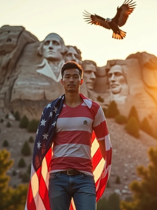 model in front of the iconic Mount Rushmore, wearing if(gender=f){a red, white, and blue sequined dress with star patterns} if(gender=m){an American flag t-shirt and blue jeans}, striking a proud pose with the American flag draped around if(gender=f){her} if(gender=m){his} shoulders, golden hour lighting creating a warm, inspiring atmosphere, bald eagle soaring overhead