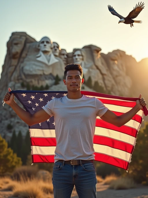 model in front of the iconic Mount Rushmore, wearing if(gender=f){a red, white, and blue sequined dress with star patterns} if(gender=m){an American flag t-shirt and blue jeans}, striking a proud pose with the American flag draped around if(gender=f){her} if(gender=m){his} shoulders, golden hour lighting creating a warm, inspiring atmosphere, bald eagle soaring overhead