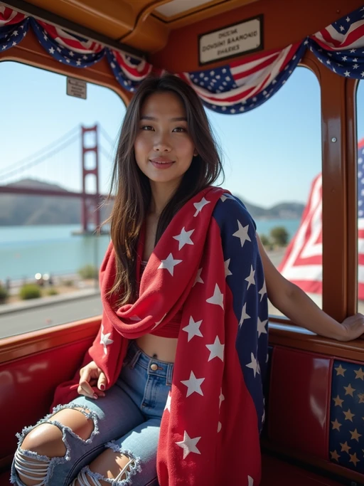 model on a San Francisco trolley decorated with patriotic bunting, wearing if(gender=f){a stylish red, white and blue outfit with a stars and stripes scarf} if(gender=m){casual smart attire with American flag design elements}, Golden Gate Bridge draped with a giant American flag visible in the background, embodying iconic American city pride