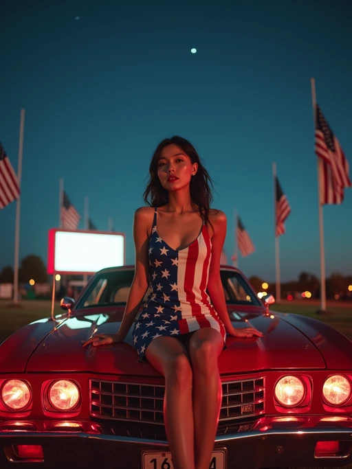 model at a drive-in movie theater showing a patriotic film, sitting on the hood of a classic American-made car decorated with flag decals, wearing if(gender=f){a vintage-inspired stars and stripes outfit with red lipstick} if(gender=m){jeans and a patriotic t-shirt}, under a starry night sky, surrounded by American flags
