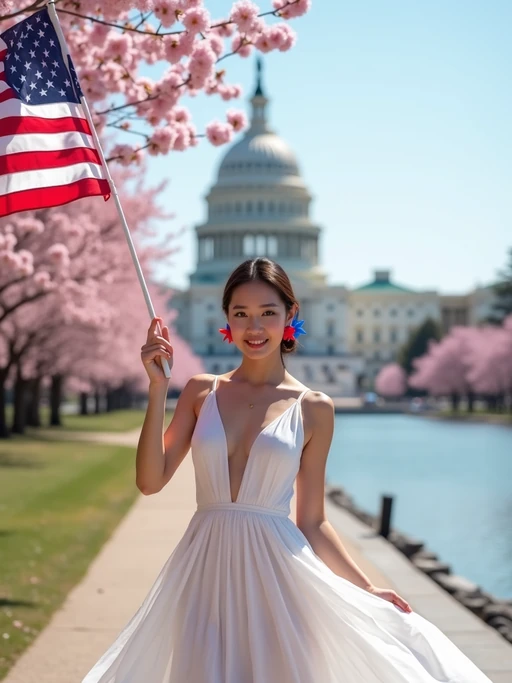 model in Washington DC during cherry blossom season, wearing if(gender=f){a flowing white dress with bold red and blue star accessories} if(gender=m){a light blue suit with a stars and stripes tie}, holding a small American flag, the Washington Monument and Capitol building creating a picturesque patriotic backdrop