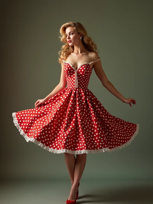 model twirling in if(gender=f){a retro swing dress blown up Marilyn-style, revealing stockings and panties} if(gender=m){1950s suit with shirt open}, on a faux pin-up calendar set