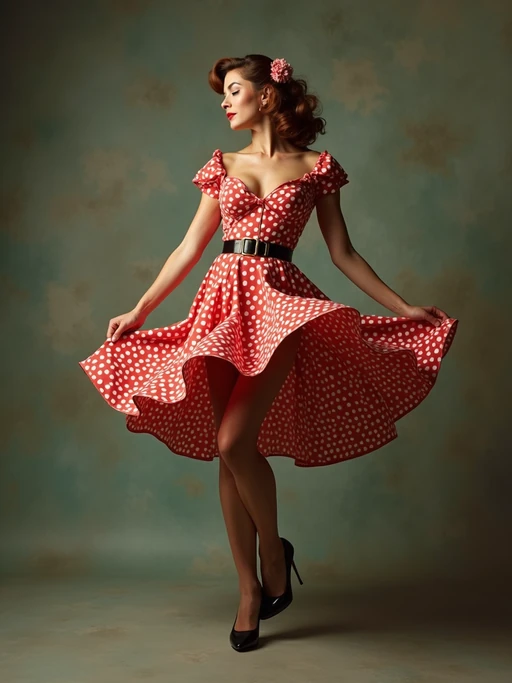 model twirling in if(gender=f){a retro swing dress blown up Marilyn-style, revealing stockings and panties} if(gender=m){1950s suit with shirt open}, on a faux pin-up calendar set