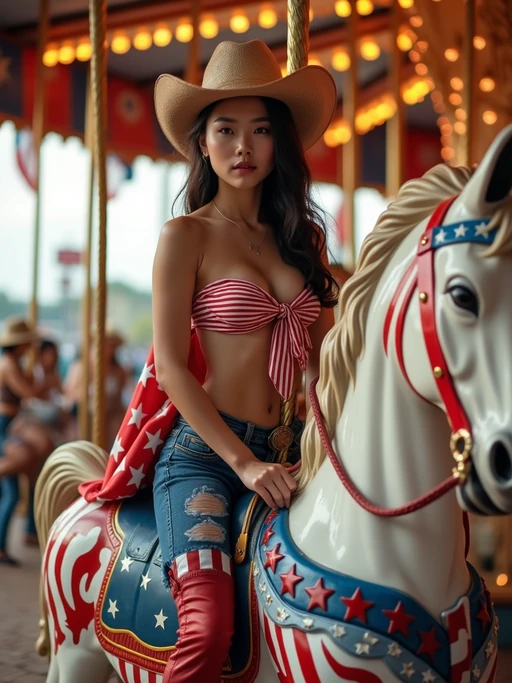 model confidently posed on top of a vibrant carnival carousel horse painted in stars and stripes, the scene bursting with red, white, and blue colors. if(gender=f){she} if(gender=m){he} is dressed in classic american western clothes, adorned with if(gender=f){a stars and stripes bikini, denim hot pants with flag patches} if(gender=m){an American flag tank top, denim jeans with patriotic belt buckle}, accentuating if(gender=f){her} if(gender=m){his} red, white and blue cowboy boots. the ensemble is completed with a stars and stripes cowboy hat, American flag draped over if(gender=f){her} if(gender=m){his} shoulders. the carnival atmosphere is enhanced by patriotic bunting and twinkling red, white, and blue lights.