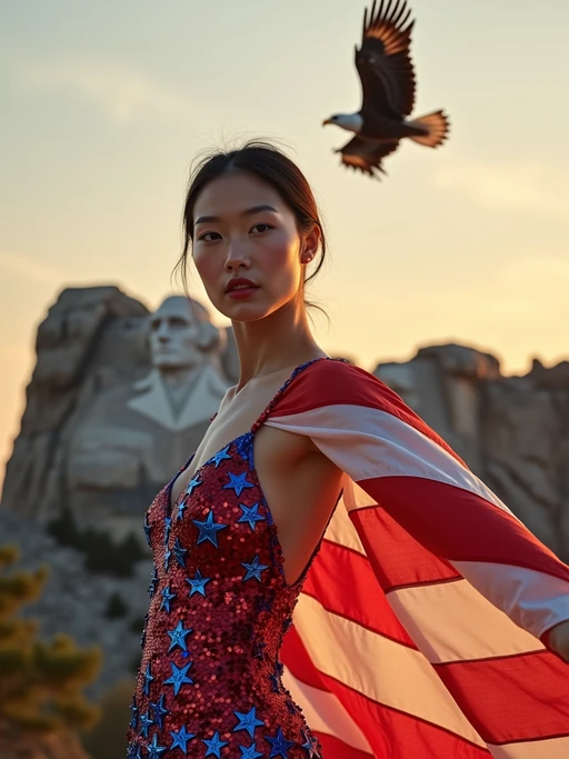 model in front of the iconic Mount Rushmore, wearing if(gender=f){a red, white, and blue sequined dress with star patterns} if(gender=m){an American flag t-shirt and blue jeans}, striking a proud pose with the American flag draped around if(gender=f){her} if(gender=m){his} shoulders, golden hour lighting creating a warm, inspiring atmosphere, bald eagle soaring overhead