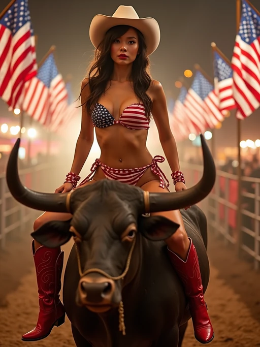 model on a mechanical bull wearing a stars and stripes bikini and red cowboy boots. American flags hang proudly in the background as the rodeo lights glow around in a warm, patriotic atmosphere