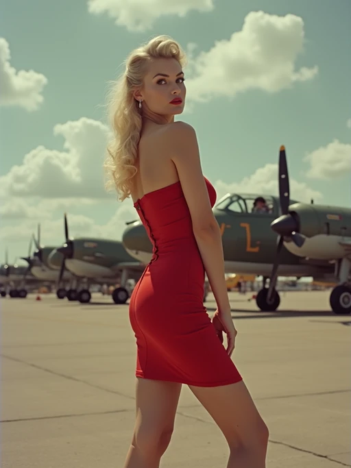 1950s pin-up model, wearing a tight red corset dress and high heels, blonde retro curls, playful seductive expression, vintage style. the scene is a 1950 military airbase with military planes
