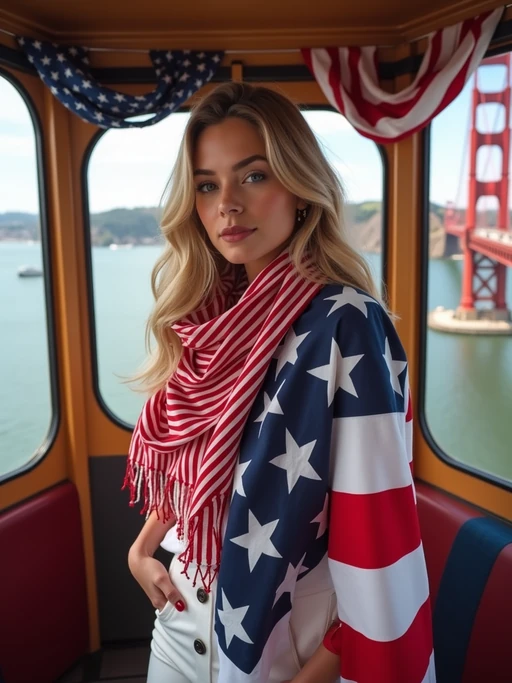 model on a San Francisco trolley decorated with patriotic bunting, wearing if(gender=f){a stylish red, white and blue outfit with a stars and stripes scarf} if(gender=m){casual smart attire with American flag design elements}, Golden Gate Bridge draped with a giant American flag visible in the background, embodying iconic American city pride