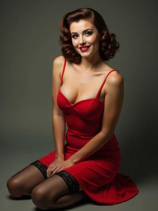 model as a 1950s pin-up girl kneeling, wearing a low-cut red dress with black stockings and garter straps visible, smiling seductively, retro hairstyle and makeup, soft studio lighting