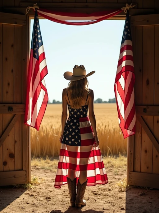 model in a rustic barn in America's heartland, wearing if(gender=f){a stars and stripes dress with cowboy boots} if(gender=m){jeans, American flag shirt, and cowboy boots}, standing beneath hanging American flags, golden wheat fields visible through the open doors, embodying rural American pride