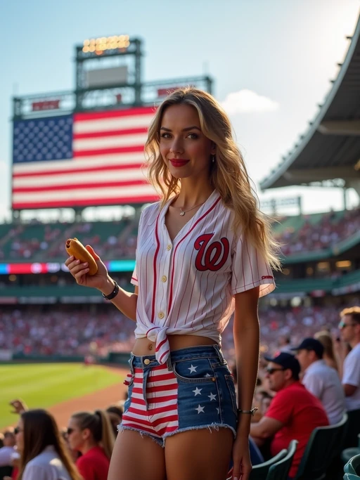 model at a baseball game in a historic stadium, wearing if(gender=f){a team jersey tied at the waist, American flag denim shorts} if(gender=m){a team jersey, American flag baseball cap}, holding a hot dog and waving a small flag, surrounded by excited fans in patriotic colors, giant American flag being unfurled across the field