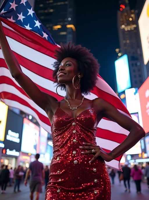 model in Times Square at night, surrounded by the iconic neon lights, wearing if(gender=f){a glamorous sequined dress in bold red, white, and blue with star patterns} if(gender=m){a stylish modern suit with American flag pocket square}, waving a large American flag, the bustling energy of New York City creating an electric patriotic atmosphere