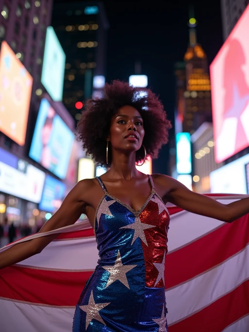 model in Times Square at night, surrounded by the iconic neon lights, wearing if(gender=f){a glamorous sequined dress in bold red, white, and blue with star patterns} if(gender=m){a stylish modern suit with American flag pocket square}, waving a large American flag, the bustling energy of New York City creating an electric patriotic atmosphere