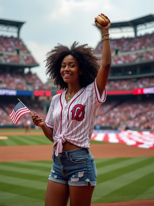 model at a baseball game in a historic stadium, wearing if(gender=f){a team jersey tied at the waist, American flag denim shorts} if(gender=m){a team jersey, American flag baseball cap}, holding a hot dog and waving a small flag, surrounded by excited fans in patriotic colors, giant American flag being unfurled across the field