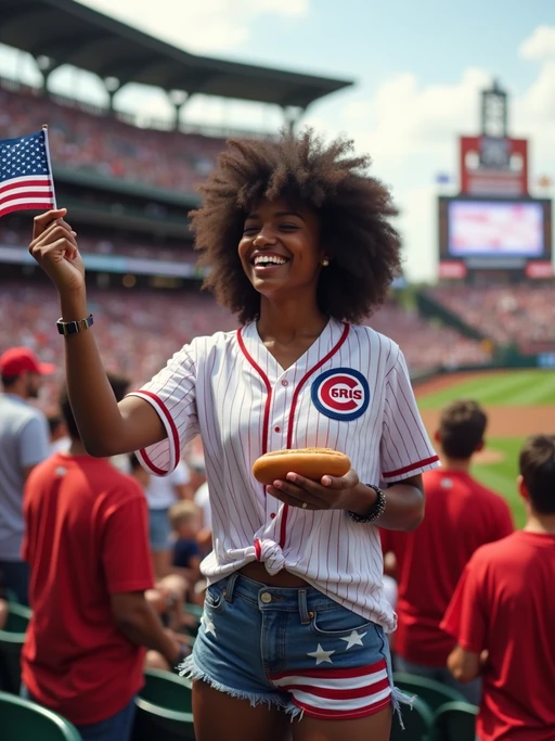 model at a baseball game in a historic stadium, wearing if(gender=f){a team jersey tied at the waist, American flag denim shorts} if(gender=m){a team jersey, American flag baseball cap}, holding a hot dog and waving a small flag, surrounded by excited fans in patriotic colors, giant American flag being unfurled across the field