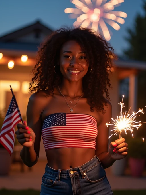 model at a 4th of July backyard barbecue, wearing if(gender=f){a stars and stripes crop top and high-waisted blue shorts} if(gender=m){a red, white and blue button-up shirt with rolled sleeves and shorts}, holding sparklers and a small American flag, surrounded by patriotic decorations, fireworks bursting in the sky