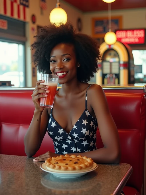 model at a classic American diner, seated at a retro booth with red vinyl seats, wearing if(gender=f){a 1950s-inspired stars and stripes dress} if(gender=m){a patriotic button-up shirt with rolled sleeves and jeans}, enjoying a milkshake and apple pie, walls decorated with American flags, vintage jukebox playing "God Bless America" in the background