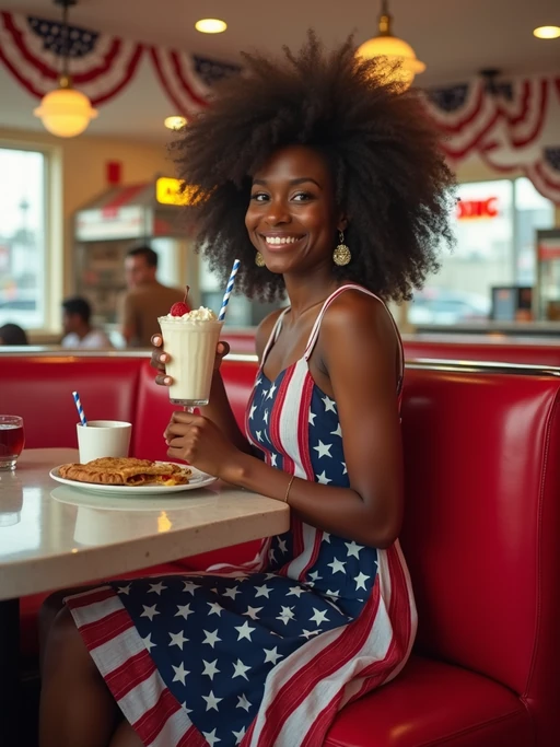 model at a classic American diner, seated at a retro booth with red vinyl seats, wearing if(gender=f){a 1950s-inspired stars and stripes dress} if(gender=m){a patriotic button-up shirt with rolled sleeves and jeans}, enjoying a milkshake and apple pie, walls decorated with American flags, vintage jukebox playing "God Bless America" in the background