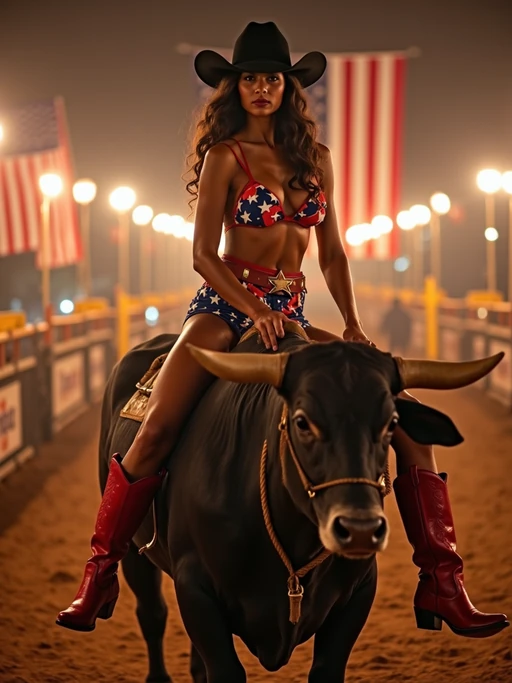 model on a mechanical bull wearing a stars and stripes bikini and red cowboy boots. American flags hang proudly in the background as the rodeo lights glow around in a warm, patriotic atmosphere
