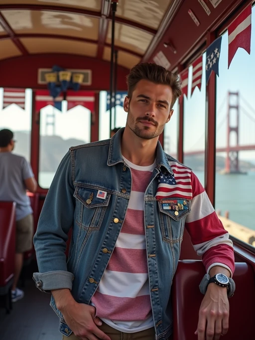 model on a San Francisco trolley decorated with patriotic bunting, wearing if(gender=f){a stylish red, white and blue outfit with a stars and stripes scarf} if(gender=m){casual smart attire with American flag design elements}, Golden Gate Bridge draped with a giant American flag visible in the background, embodying iconic American city pride