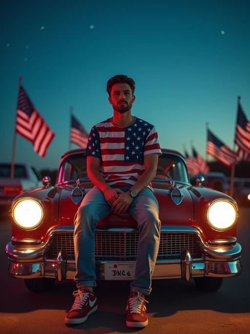 model at a drive-in movie theater showing a patriotic film, sitting on the hood of a classic American-made car decorated with flag decals, wearing if(gender=f){a vintage-inspired stars and stripes outfit with red lipstick} if(gender=m){jeans and a patriotic t-shirt}, under a starry night sky, surrounded by American flags