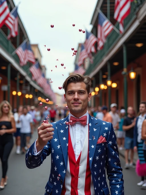 model in New Orleans during Mardi Gras, wearing if(gender=f){a dazzling red, white, and blue carnival outfit with star-spangled feathers} if(gender=m){a stars and stripes suit with patriotic bow tie}, throwing red, white, and blue beads to the crowd, American flags lining Bourbon Street