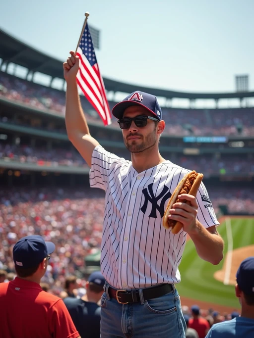 model at a baseball game in a historic stadium, wearing if(gender=f){a team jersey tied at the waist, American flag denim shorts} if(gender=m){a team jersey, American flag baseball cap}, holding a hot dog and waving a small flag, surrounded by excited fans in patriotic colors, giant American flag being unfurled across the field