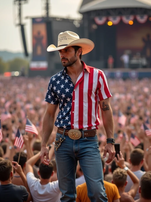 model at a country music festival, wearing if(gender=f){a fringed American flag top, denim shorts with star patches, and red cowboy boots} if(gender=m){a stars and stripes shirt, blue jeans, and cowboy boots with eagle spurs}, American flag cowboy hat, surrounded by cheering crowds waving small flags, stage decorated with patriotic bunting