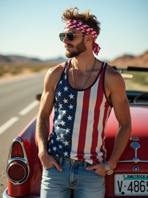 model on a classic American road trip, leaning against a vintage convertible on Route 66, wearing if(gender=f){American flag shorts and a tied-up stars and stripes shirt} if(gender=m){jeans and a bold American flag tank top}, American flag bandana, desert landscape stretching behind, embodying freedom and American adventure
