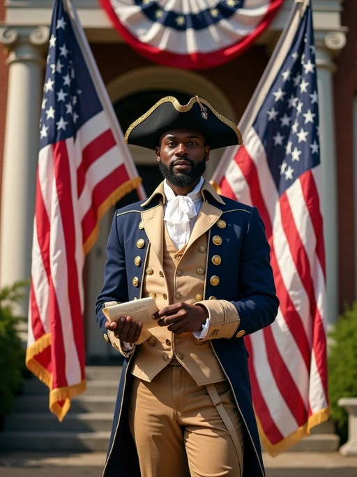 model in a stylized colonial outfit, if(gender=f){tight stars and stripes corset and patriotic revolutionary skirt} if(gender=m){authentic revolutionary war uniform with extra flag elements}, holding the original 13-star American flag and Declaration of Independence scroll, standing proudly in front of Independence Hall decorated with patriotic bunting.