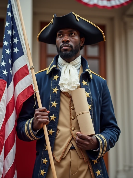 model in a stylized colonial outfit, if(gender=f){tight stars and stripes corset and patriotic revolutionary skirt} if(gender=m){authentic revolutionary war uniform with extra flag elements}, holding the original 13-star American flag and Declaration of Independence scroll, standing proudly in front of Independence Hall decorated with patriotic bunting.