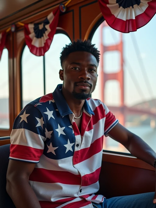model on a San Francisco trolley decorated with patriotic bunting, wearing if(gender=f){a stylish red, white and blue outfit with a stars and stripes scarf} if(gender=m){casual smart attire with American flag design elements}, Golden Gate Bridge draped with a giant American flag visible in the background, embodying iconic American city pride