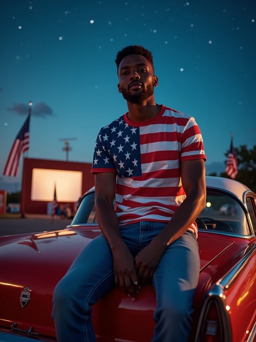 model at a drive-in movie theater showing a patriotic film, sitting on the hood of a classic American-made car decorated with flag decals, wearing if(gender=f){a vintage-inspired stars and stripes outfit with red lipstick} if(gender=m){jeans and a patriotic t-shirt}, under a starry night sky, surrounded by American flags
