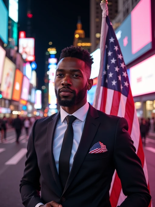model in Times Square at night, surrounded by the iconic neon lights, wearing if(gender=f){a glamorous sequined dress in bold red, white, and blue with star patterns} if(gender=m){a stylish modern suit with American flag pocket square}, waving a large American flag, the bustling energy of New York City creating an electric patriotic atmosphere