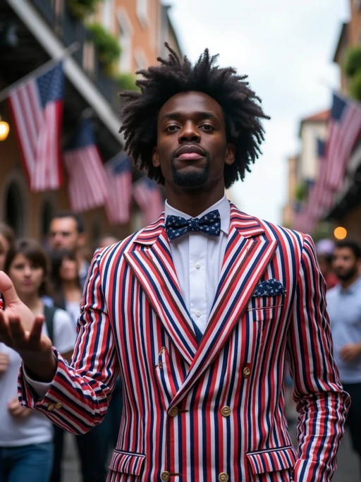 model in New Orleans during Mardi Gras, wearing if(gender=f){a dazzling red, white, and blue carnival outfit with star-spangled feathers} if(gender=m){a stars and stripes suit with patriotic bow tie}, throwing red, white, and blue beads to the crowd, American flags lining Bourbon Street