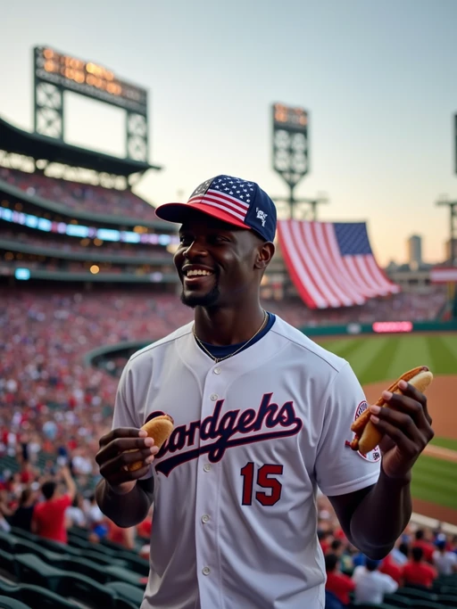 model at a baseball game in a historic stadium, wearing if(gender=f){a team jersey tied at the waist, American flag denim shorts} if(gender=m){a team jersey, American flag baseball cap}, holding a hot dog and waving a small flag, surrounded by excited fans in patriotic colors, giant American flag being unfurled across the field