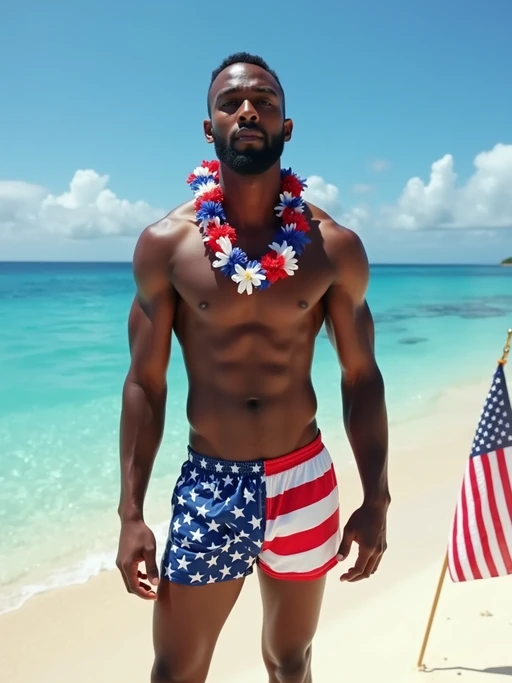 model on a beautiful beach in Hawaii, wearing if(gender=f){a stars and stripes bikini with sequins} if(gender=m){American flag swim trunks and a patriotic tank top}, with a lei of red, white and blue flowers around if(gender=f){her} if(gender=m){his} neck, American flag planted proudly in the sand, crystal blue waters in the background