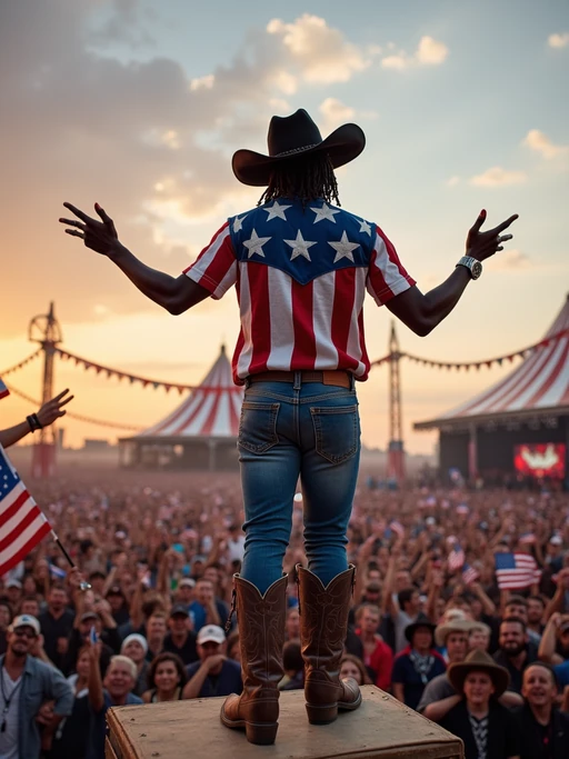 model at a country music festival, wearing if(gender=f){a fringed American flag top, denim shorts with star patches, and red cowboy boots} if(gender=m){a stars and stripes shirt, blue jeans, and cowboy boots with eagle spurs}, American flag cowboy hat, surrounded by cheering crowds waving small flags, stage decorated with patriotic bunting