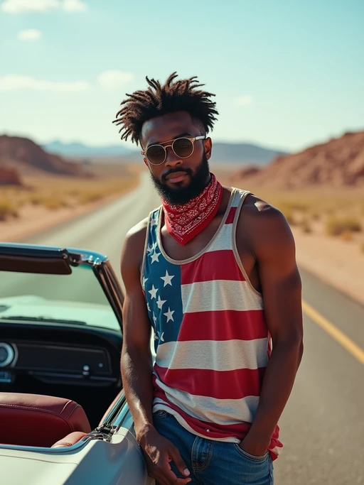 model on a classic American road trip, leaning against a vintage convertible on Route 66, wearing if(gender=f){American flag shorts and a tied-up stars and stripes shirt} if(gender=m){jeans and a bold American flag tank top}, American flag bandana, desert landscape stretching behind, embodying freedom and American adventure
