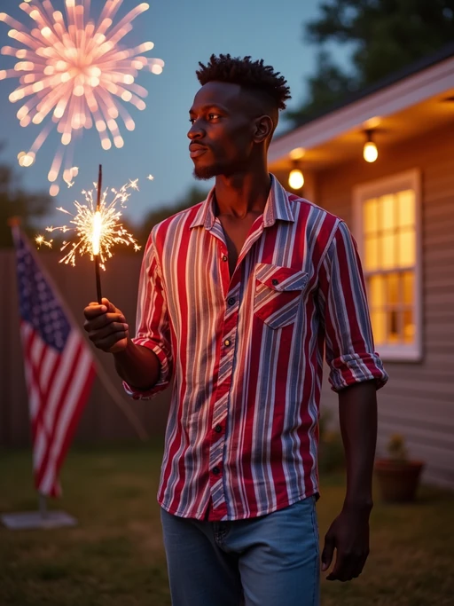 model at a 4th of July backyard barbecue, wearing if(gender=f){a stars and stripes crop top and high-waisted blue shorts} if(gender=m){a red, white and blue button-up shirt with rolled sleeves and shorts}, holding sparklers and a small American flag, surrounded by patriotic decorations, fireworks bursting in the sky