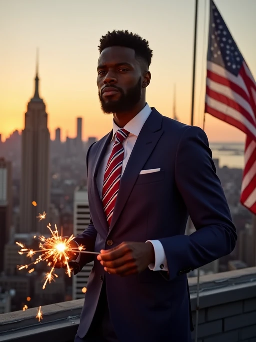 model on a New York City rooftop at sunset, Manhattan skyline in the background, wearing if(gender=f){a glamorous red, white and blue evening gown with star accents} if(gender=m){a sharp navy blue suit with American flag tie}, holding sparklers that illuminate if(gender=f){her} if(gender=m){his} face with a golden glow, American flags waving proudly nearby