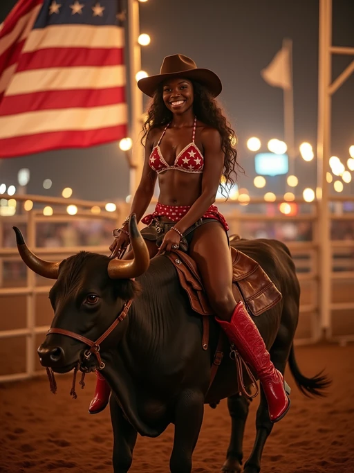 model on a mechanical bull wearing a stars and stripes bikini and red cowboy boots. American flags hang proudly in the background as the rodeo lights glow around in a warm, patriotic atmosphere