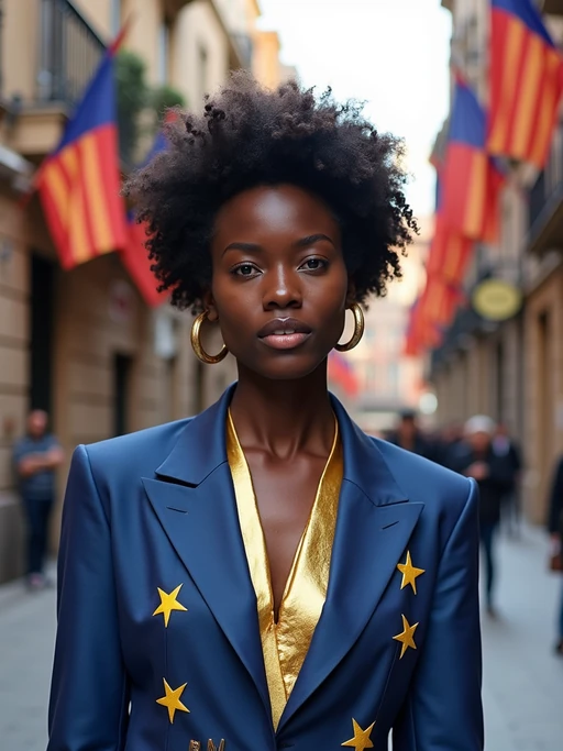 model on a Barcelona street decorated with European flags, wearing if(gender=f){a stylish blue and gold outfit with star patterns} if(gender=m){smart casual Mediterranean attire with European design elements}, Gaudi's architecture visible in the background, embodying modern European city style