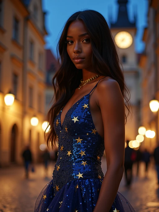 model in Prague's Old Town Square at night, surrounded by the iconic gothic architecture, wearing if(gender=f){a glamorous blue sequined dress with gold star patterns} if(gender=m){a stylish modern suit with European flag pocket square}, the historic astronomical clock and cobblestone streets creating a magical European atmosphere